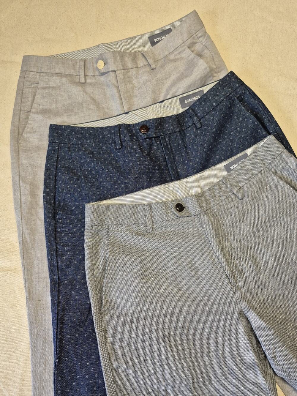 Lot of 3 Bonobos Mens 32x32 Cotton Linen Casual Pants Gray Navy Slim Fit Chinos